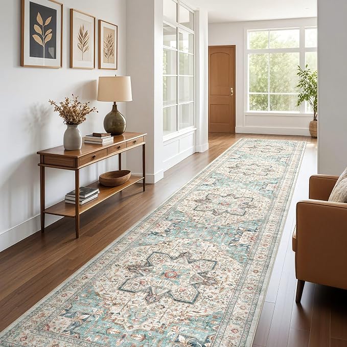 Tortania Area Rug 3x8 Runner Rugs - Washable Vintage Oriental Farmhouse Thin Indoor Carpet for Living Room Bedroom Hallway Entryway Kitchen Under Dining Table Home Office - Aqua Multi