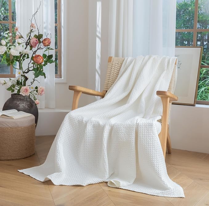 Talasily 100% Cotton Blanket Twin XL Size for Bed - Spring and Summer Cooling Lightweight & Breathable Bedding -Soft Waffle Weave Christmas Blanket, Machine Washable,Lvory,66x90 Inches