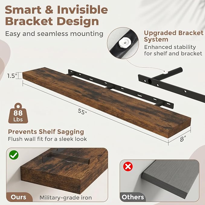 55 Inch Floating Shelves for Wall, 8"D Wood Storage Shelves, Brown Finish | Engineered Wood, Invisible Bracket, Large Storage, Easy Install, Hold Up to 88lbs, Living Room, Bathroom, Bedroom, Kitchen