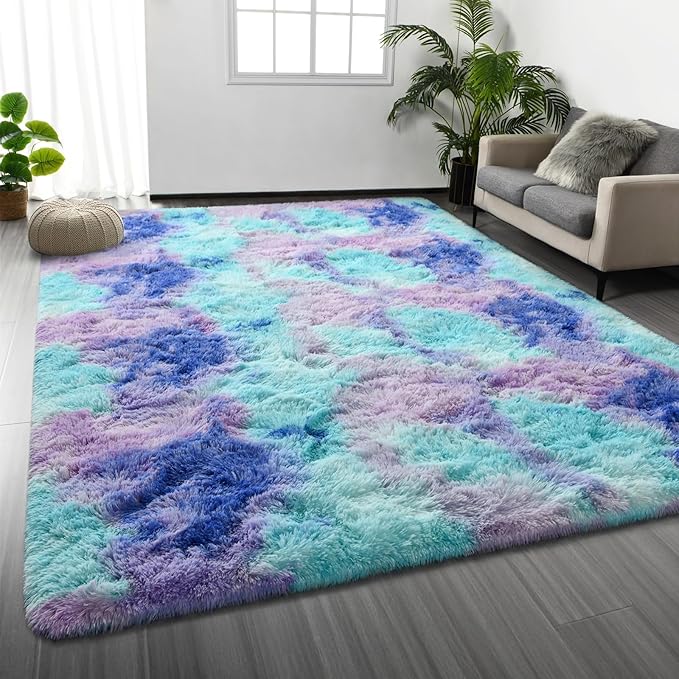 Deerhoo Shag Area Rug, 4 X 6 Tie-Dyed Plush Fuzzy Rugs for Living Room, Ultra Soft Fluffy Furry Rug for Bedroom, Indoor Carpet Nursery Rugs for Kids Room Home Decor, Rainbow