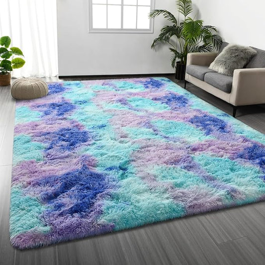 Deerhoo Shag Area Rug, 4 X 6 Tie-Dyed Plush Fuzzy Rugs for Living Room, Ultra Soft Fluffy Furry Rug for Bedroom, Indoor Carpet Nursery Rugs for Kids Room Home Decor, Rainbow