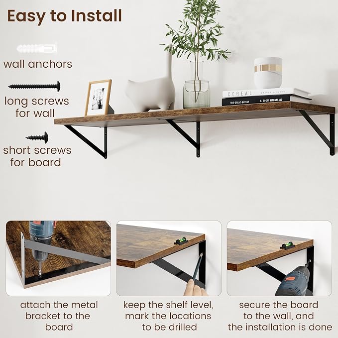 Axeman 12 Inch Deep Floating Shelves for Wall - 48 Inch Wide x 12 Inch Deep Wall Shelves Set of 2 - Rustic Wood Floating Shelves for Living Room