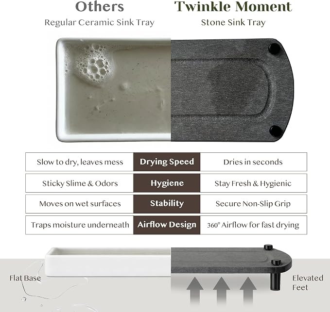 2PCS Water Absorbing Stone Soap Tray for Kitchen Bathroom Sink, Quick Dry Diatomaceous Earth Drying Rack and Shower Caddy, Soap Dispenser and Sponge Holder Organizer for Countertop, TWINKLE MOMENT; Dark Gray