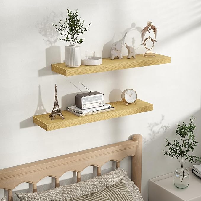 Fun Memories Rustic Wood Floating Shelves for Wall, Space-Saving Wall Mounted Shelves for Bathroom, Bedroom, Living Room and Kitchen, Stylish Storage & Display (Set of 2, Oak, 30 in)