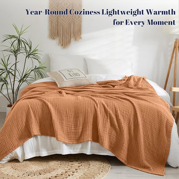 PHF 100% Cotton Muslin Blanket King Size 108"x90", 4-Layer Lightweight Gauze Throw, Breathable Cloud-Soft Minimalist Blanket for Bed, Couch, Camping, Caramel, Ideal Gift
