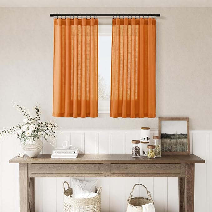 Orange Linen Cafe Kitchen Short Curtains 24 Inch Length 2 Panels Semi Sheer Linen Rustic Curtain Light Filtering Valances with Back Tab Rod Pocket for Boho Small Windows Cafe Bathroom 30Wx24L