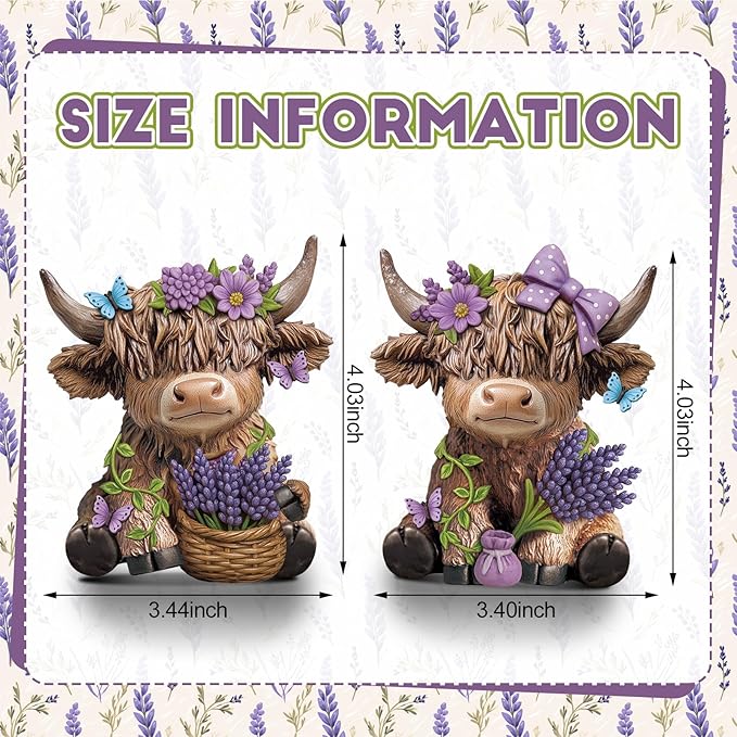 Wesiti 2 Pcs Mother's Day Lavender Highland Cow Figurines Gifts for Mom, Purple Scottish Gnome Resin Statue for Spring Summer Home Garden Kitchen Office Tiered Tray Decor