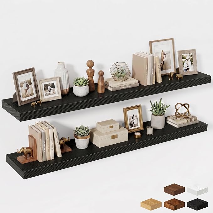 Fun Memories 72 Inch Fireplace Mantel Shelf, 12 Inch Deep Shelves for Display & Wall Storage, Rustic Wood Wall Shelf, Extra Long Floating Shelves for Living Room Laundry Room, Black, Set of 2