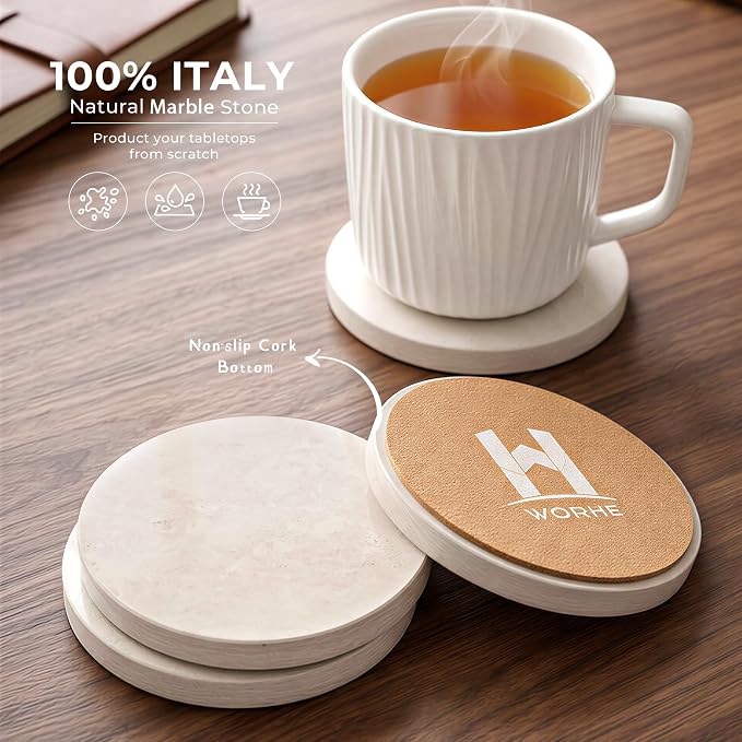 Natural Marble Coasters Set of 4-4" Round Stone Drink Coasters, Non-Slip Cork Backing, Housewarming Gift, Wedding, Protect Tables from Stains & Scratches Cream Grey (WH117)