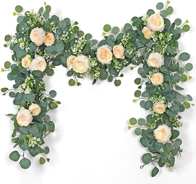 SOMYTING Artificial Flower Garlands Eucalyptus Garlands with Flowers Rose Peony Flower Vine Faux Floral Garland for Wedding Party Arch Table Wall Backdrop Decoration (Champagne, 2PCS)
