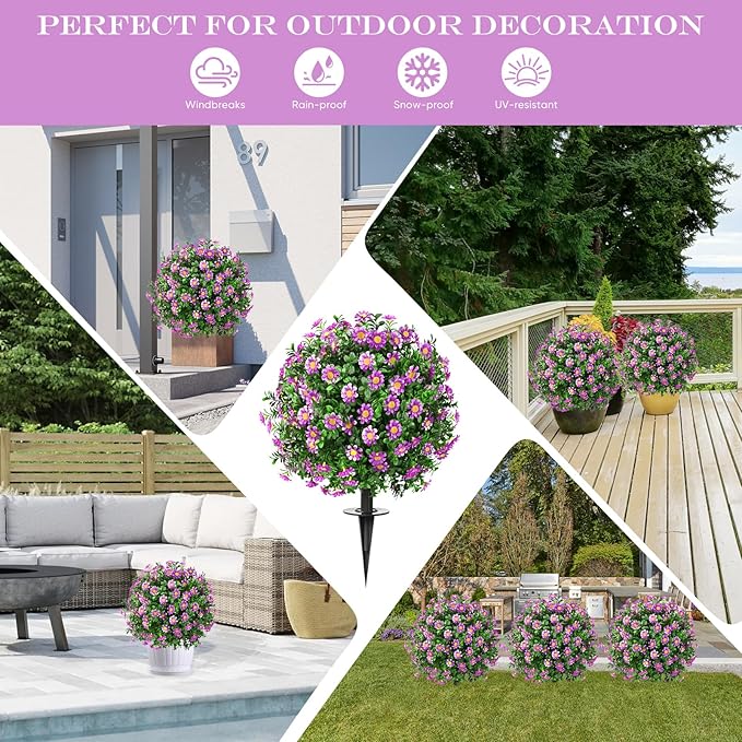 FAJUNZH Artificial Topiary Bushes for Outdoors with Spike, Boxwood Ball Fake Shrubs UV Resistant Faux Plants for Indoor Outdoor Fall Thanksgiving Halloween Decor (Sunflower Boxwood Purple -2 Packs)