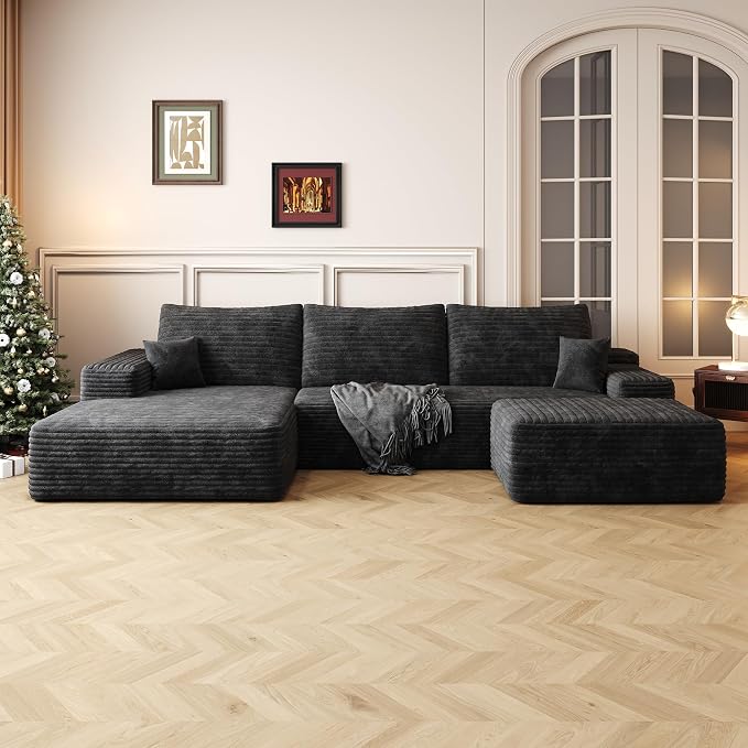 107" U Shaped Cloud Corduroy Couch with Ottoman, Comfy Sectional Boneless Couches for Living Room Bedroom, Deep Seat Sleeper Compression Sofa, No Assembly, Left Facing Chaise, Black