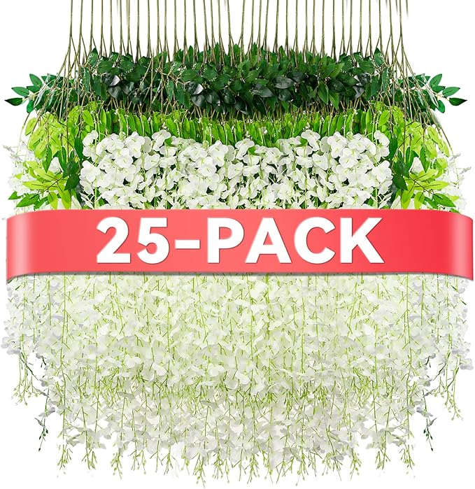 Alotiki Wisteria Hanging Flowers,Fake Hanging Flowers,Wisteria artificiales Garland for Home Wedding Arch Floral Party Garden Ceremony Outdoor Decor,3.6 feet Long(25,White)