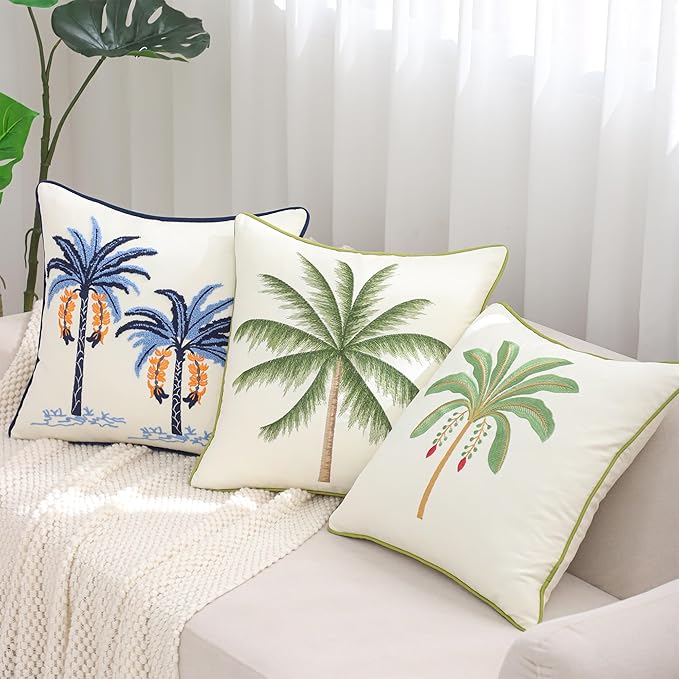 Palm Tree Pillow Covers 18x18 Inch Set of 2 Vintage Tropical Embroidered Throw Pillow Covers Outdoor Decorative Cushion Cover Sage Green Square Pillowcase for Spring Summer Home Decor