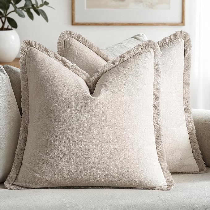 MIULEE Decorative Throw Pillow Covers Neutral Linen Fringe Throw Pillows Set of 2 Natural Beige Boho Farmhouse Cushion Cases with Tassels for Couch Sofa Bed Living Room Spring Decor 18x18 Inch