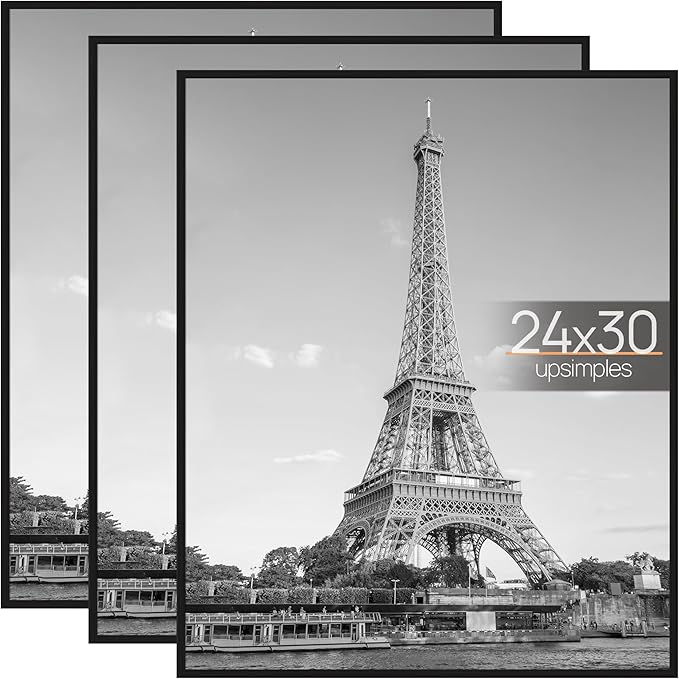 upsimples 24x30 Poster Frame Black 3 Pack, Scratch-Proof Picture Frames 24 x 30 for Photo Gallery - Slide-In Strips, Horizontal or Vertical Wall Mounting