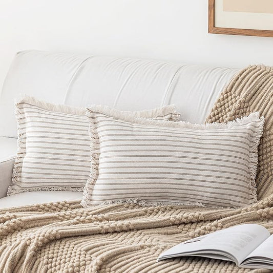 YEENAASY Throw Pillow Covers 12x20 Set of 2 Striped Fringe Pillow Cover Farmhouse Cushion Covers with Tassel Neutral Boho Pillows Decorative Square Pillowcase for Couch Sofa Bed, Khaki