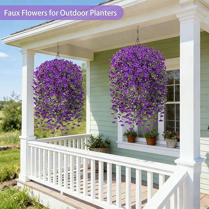 Artificial Hanging Flowers with Basket, 480 Blooms UV Resistant Faux Morning Glory Silk Plants, Fast & Easy Assembly Fake Hanging Baskets for Outdoor Porch Patio Garden Decor, Purple