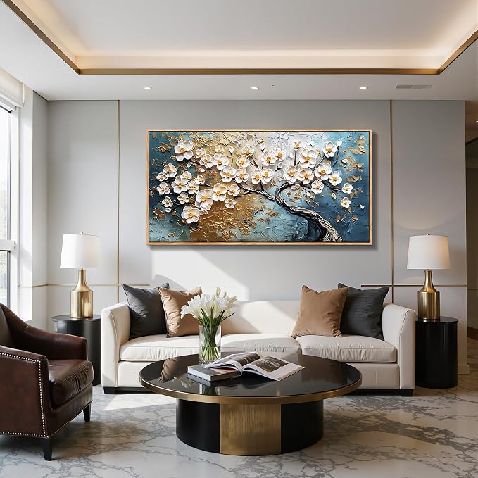 imjiayu Tree of Life Wall Art, Extra Large Wall Art, Abstract Art Wall Decor, Plum Bossom Tree Framed Painting Prints, Modern Blue and Gold Big Pictures for Living Room Bedroom Office Hotel 29"x57"