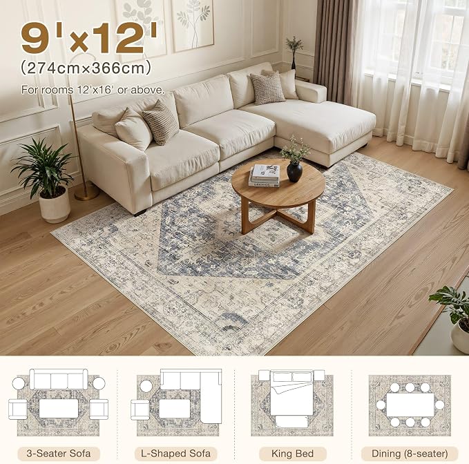 9x12 Area Rugs for Living Room - Large Carpet Ultra Thin Soft Washable Oriental Vintage Floral Distressed Big Indoor Carpets for Bedroom Nursery Dorm Home Decor Aesthetic - Blue Beige