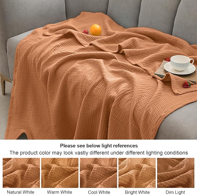 PHF 100% Cotton Muslin Blanket King Size 108"x90", 4-Layer Lightweight Gauze Throw, Breathable Cloud-Soft Minimalist Blanket for Bed, Couch, Camping, Caramel, Ideal Gift