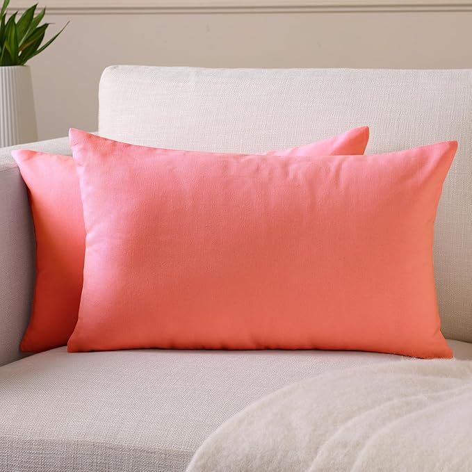 Encasa XO Throw Pillow Covers 12x20 in Set of 2 Coral | No Inserts | Cotton Pillow Covers for Living Room, Bed, Sofa, Couch | Decorative Cushion Covers with Improved Zipper