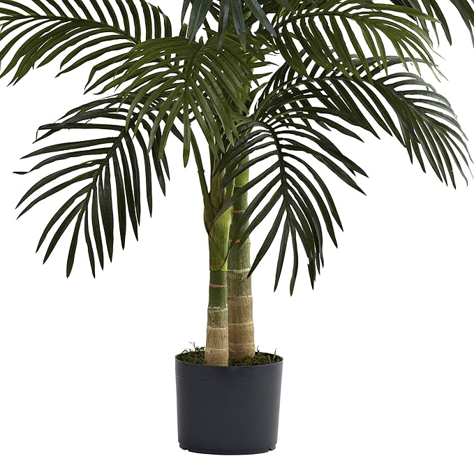 Nearly Natural 4ft Golden Cane Palm, Double Stalk Artificial Tree With Lush Realistic Foliage Maintenance Free Indoor Faux Palm Plant For Living Room, Easy Setup, Perfect Tropical Decoration