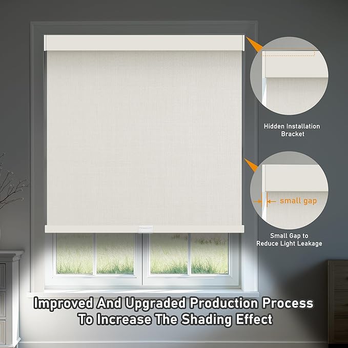 AOSKY Linen Roller Blinds Shades for Indoor Windows Pull Down Cordless Blackout Black Out Window Shade 35.5 Inch Blinds for Home Beige