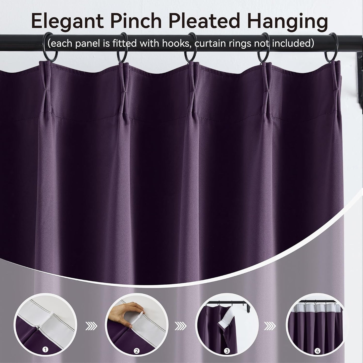 KangBang Royal Purple Pleated Long Curtain Drapes 120 Inches Long, Blackout Thermal Insulated Fashion Drapes for Living Room Sliding Door, Solid Modern Lush Decor, W40xL120,2 Panels
