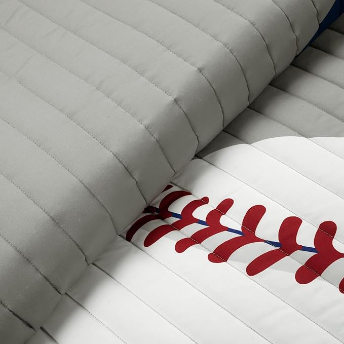 Lush Decor Baseball Game Reversible Quilt Queen Size 5 Piece Set Full/Queen Gray & Navy - Kids Bedding Set Full Quilt - Sports Decor - Baseball Bedding