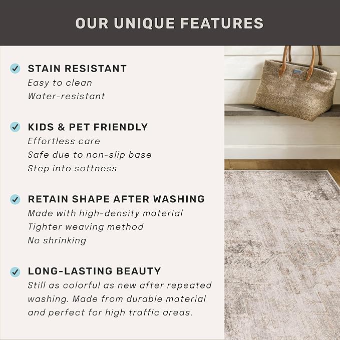 Hazo Haus 2x6 Washable Bathroom Runner Rug, Non Slip Low Pile Runner with Rubber Backing for Hallway, Kitchen and Entryway, Beige Tan Modern Farmhouse Home Decor