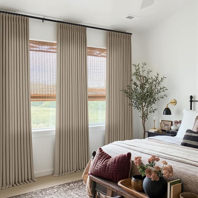 Pleated Linen Dark Flax Curtains 102 Inches Long 2 Panels for Living Room Bedroom Rustic Retro Farmhouse Textured Pinch Pleat Back Tab Track Semi Sheer Brown Ceiling Floor 102 Inch Curtain Drapes