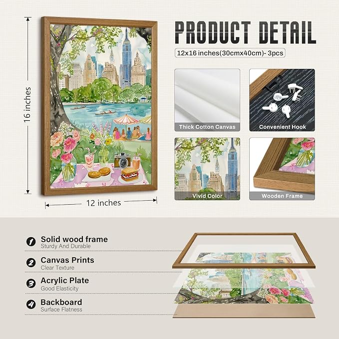Watercolor New York City Wall Art Nyc Canvas Poster Travel Wall Decor Nyc Painting Central Park Picture New York Landmarks Artwork for Bedroom Living Room 12x16x3 Inch Wood Framed