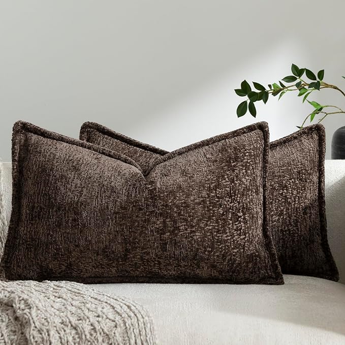 DEZENE Pack of 2 Chocolate Brown Decorative Throw Pillow Covers 12x20 Cozy Soft Chenille Accent Vintage Rectangular Lumbar Couch Pillow Covers for Home Decor Bed Sofa Living Room