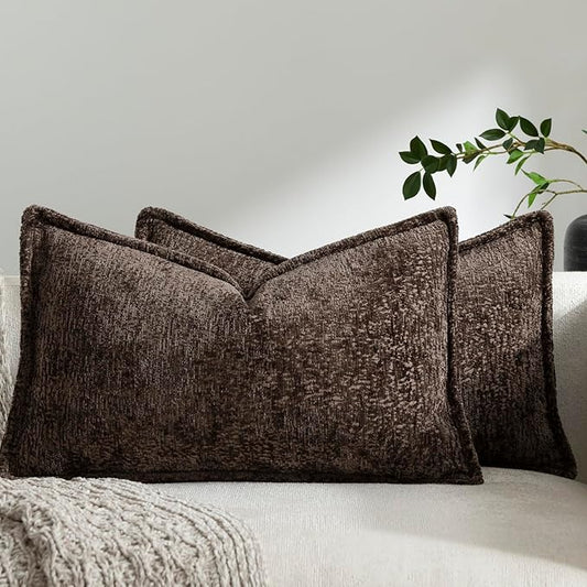 DEZENE Pack of 2 Chocolate Brown Decorative Throw Pillow Covers 12x20 Cozy Soft Chenille Accent Vintage Rectangular Lumbar Couch Pillow Covers for Home Decor Bed Sofa Living Room
