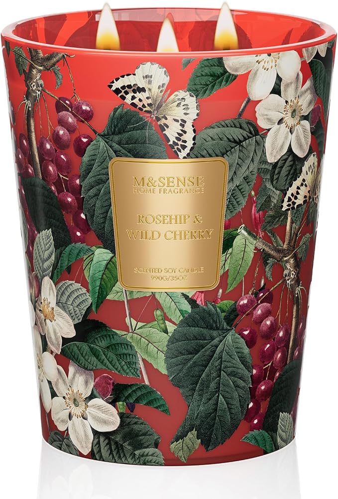 M&SENSE Wild Cherry Soy Candle, 35oz 3-Wick, Sweet Girlfriend Date Night | 150H Slow Burn, Non-Toxic, Large Jar, Romantic Bedroom, Relaxation, Stress Relief, Fancy Gifts for Women