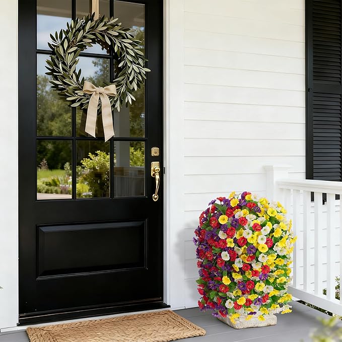 Ammyoo Artificial Fake Hanging Flowers Basket for Spring Decor, Faux Silk Flower in Planter for Summer, Outdoor Artificial Floral for Home Porch Yard(Yellow White Purple Red)