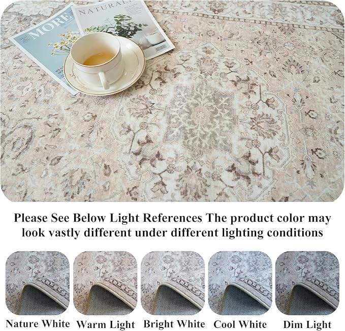 8x10 Living Room Rug for Family- Washable Oriental Stain Resistant Rugs for Bedroom Nursery Non Slip Ultra Soft Carpet for Dining Room Medallion Farmhouse Home Decor Floor Decoration Mat (8x10 Beige)