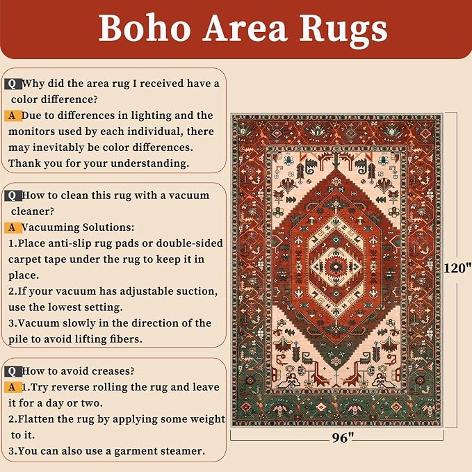 SERISSA Washable Rugs 8x10 Area Rugs, Large Non-Slip Boho Living Room Rug, Ultra Soft Oriental Vintage Terracotta Green Print Distressed Carpet for Dining Room Bedroom Dorm Office Home Decor