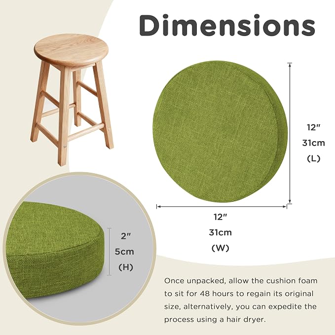 AddGrace Round Bar Stool Cushions 4 Pack Bar Stool Seat Cushion Non Slip Round Chair Pads with Removable and Washable Cover 12x12 Inch Green