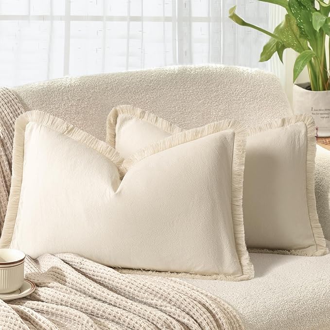 ZWJD Pillow Covers 12x20 Set of 2 Beige Throw Pillow Covers with Fringe Chic Cotton Decorative Pillows Square Cushion Covers for Sofa Couch Bed Living Room Farmhouse Boho Decor