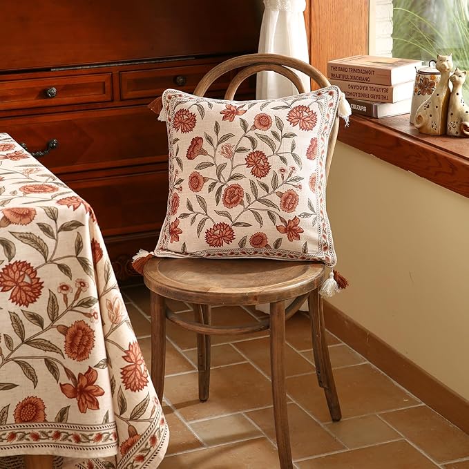 ISAENNE Vintage Linen Square Throw Pillow Cover,Set of 2,18"x18"-Albano A | Designer French Pillow Cover,Concealed Zipper Design,Orange Floral Pattern,Sofa,Bedroom,Living Room,Lounge Chairs