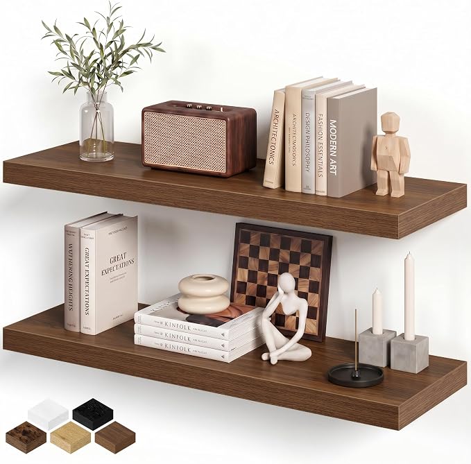 Fun Memories Floating Shelves - 2 Pack 30 Inch Long Rustic Wooden Wall Shelves - 8 Inch Deep Wall Mounted Storage Shelf with Invisible Heavy-Duty Brackets for Books, Bathroom, Kitchen - Walnut