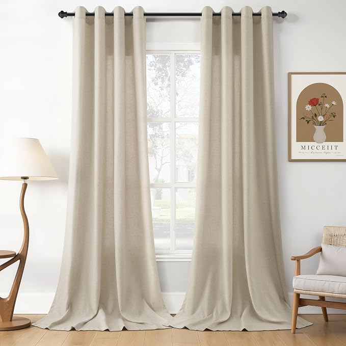 Eggshell Beige Linen Curtains 102 Inches Long for Living Room Extra Long Sheer Floor to Ceiling Light Filtering Privacy Grommet Top Drapes Modern Farmhouse Rustic Curtain for Bedroom 52x102, 2 Panel