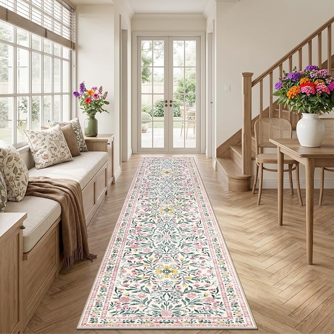 Runner Rug for Entryway: 2.6x14 Kitchen Rugs Non Slip Washable Ultra-Thin Soft Floral Carpet Indoor Floor Stain Resistant Carpets for Hallway Bedroom Kitchen Laundry Bathroom Dorm Pink/Green