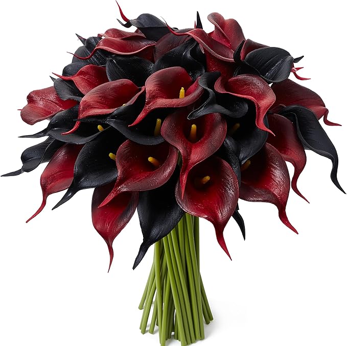 24 Pcs Artificial Calla Lily Flowers Fake Silk Flowers Real Touch for Halloween Wedding Bouquet Office Home Kitchen Decor (Black Red)