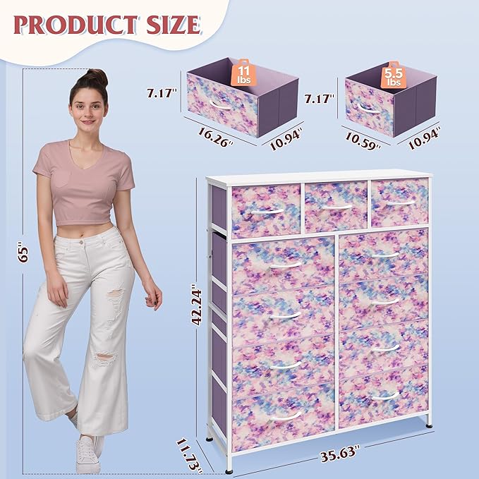 WLIVE Storage Organizer Unit with 11 Fabric Bins, Storage Drawers Organizer with Steel Frame, Tall Storage Tower Organizaton for Living Room, Hallway, Office, Tie-dye Print (Pink, Purple, Blue)