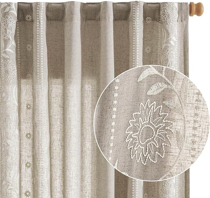 jinchan Winslow Linen Curtains for Bedroom 84 Inches Length Ivory on Taupe Embroidered Bordered Floral Curtains for Living Room Farmhouse Decor Light Filtering Window Treatments 2 Panels
