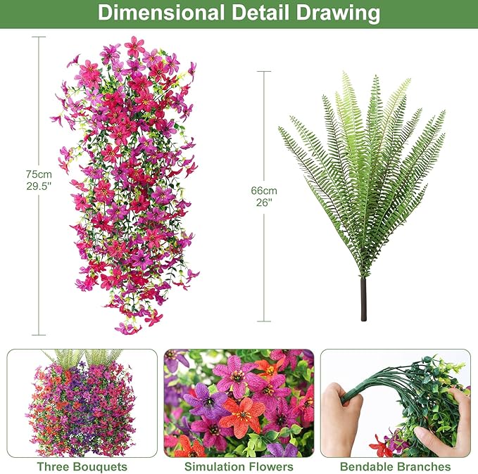 Artificial Fake Flowers Plants for Outdoor Decoration,3 Pcs Faux Hanging Flowers with Boston Ferns Spring Summer Decor,UV Resistant Realistic Fake Silk Flowers for Planter Balcony Yard Porch Garden