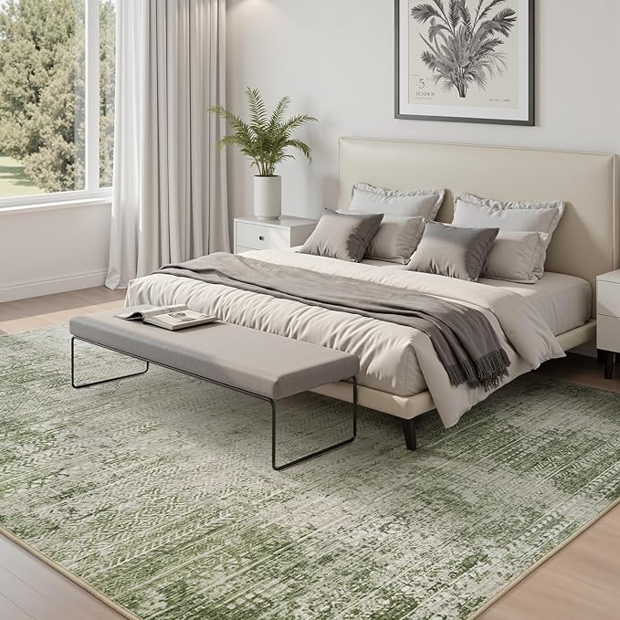 8x10 Area Rugs for Living Room Non Slip Machine Washable Rug Distressed Abstract Soft Indoor Carpet Neutral Boho Rug for Bedroom Dining Room Playroom Office, Green
